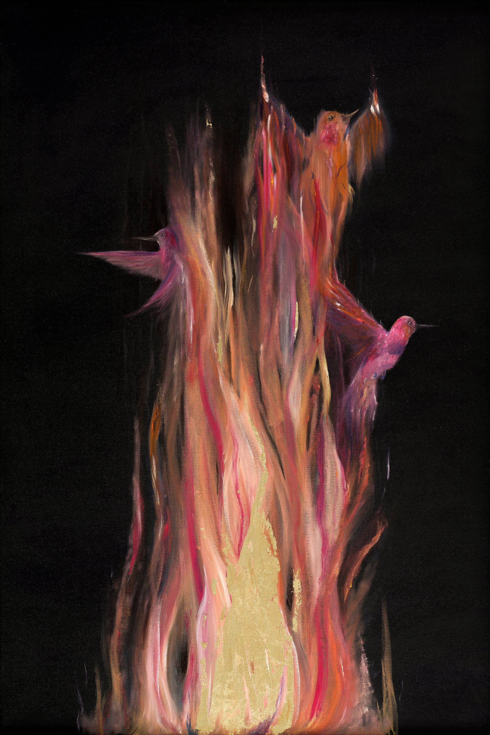 Abstract flames in pink, orange, and yellow rising against a black background