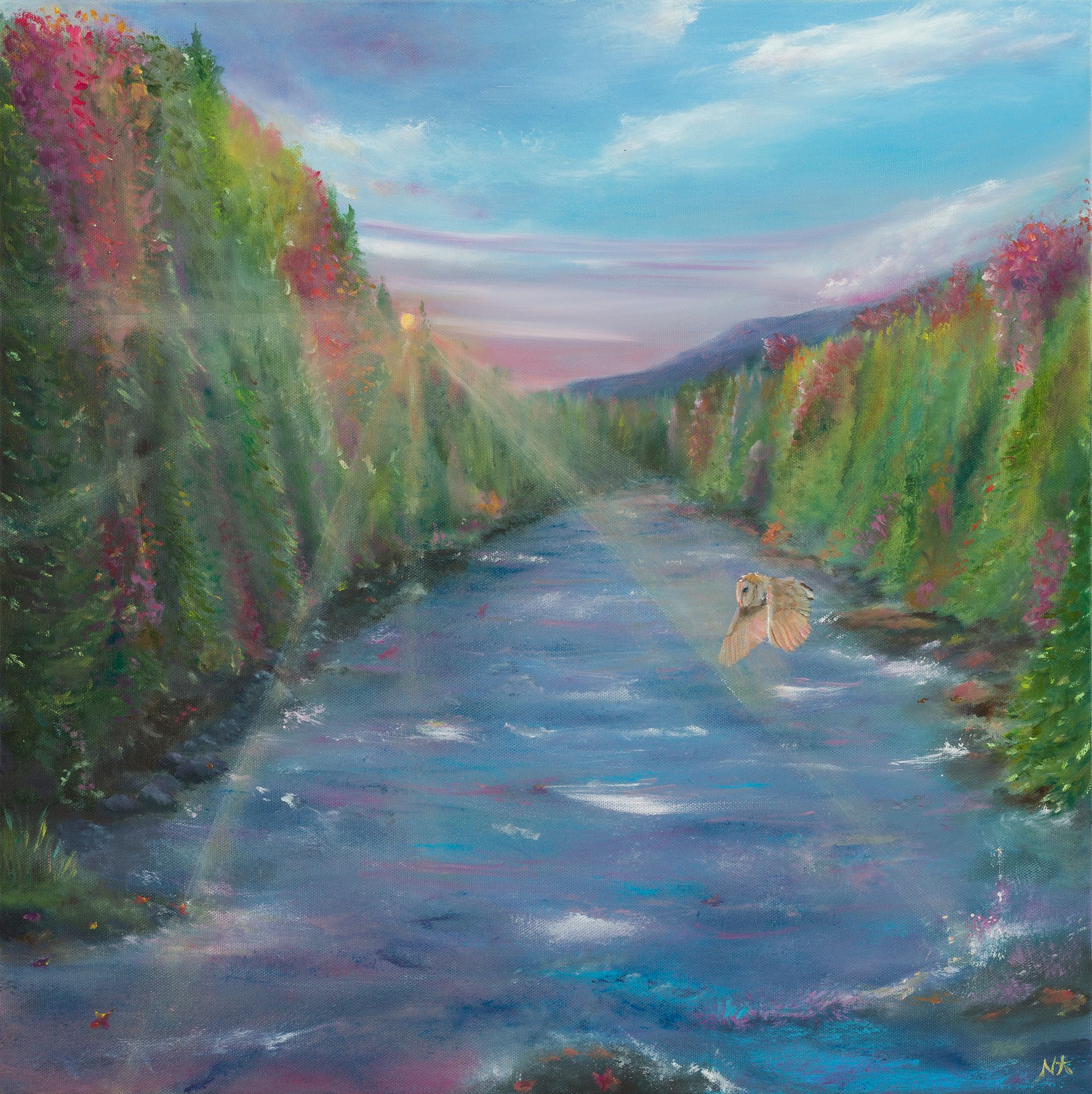 Serene river flowing through colorful autumn forest under a blue sky, with a barn owl flying through sun rays.