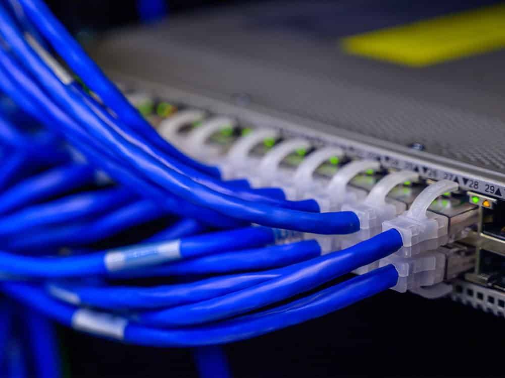 Blue Network Cables Plugged Into a Server Rack, Highlighting Connection Ports — IRIS CCTV in South Grafton, NSW
