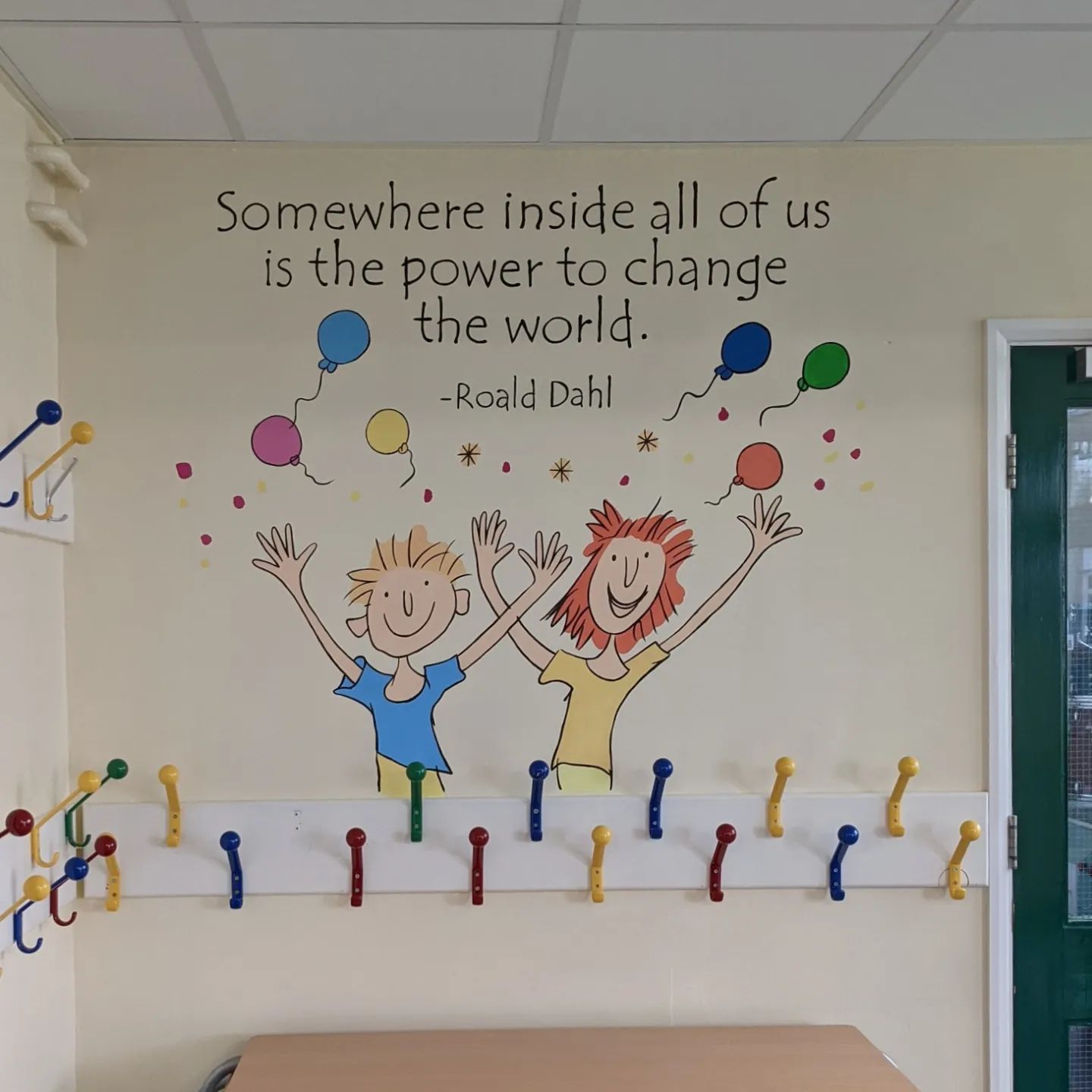 Hand painted primary school murals Stockton Teesside north east England UK dahl inspirational quote Bader Power  change world