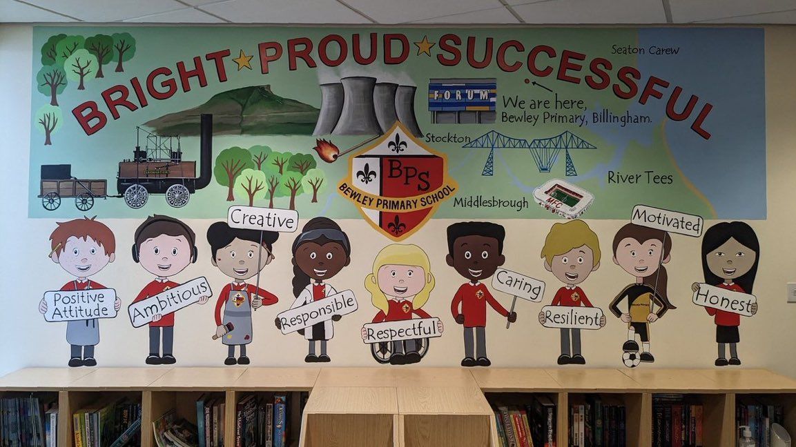 Hand painted primary school murals Stockton Teesside north east England UK

