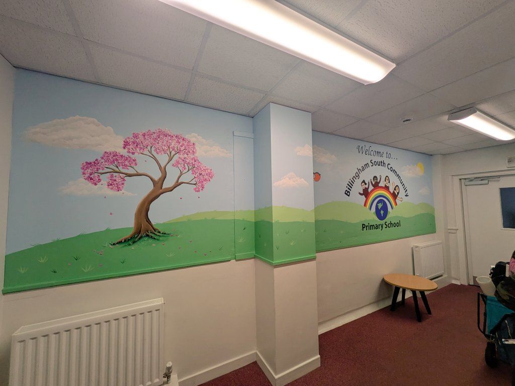 school entrance mural cherry blossom tree