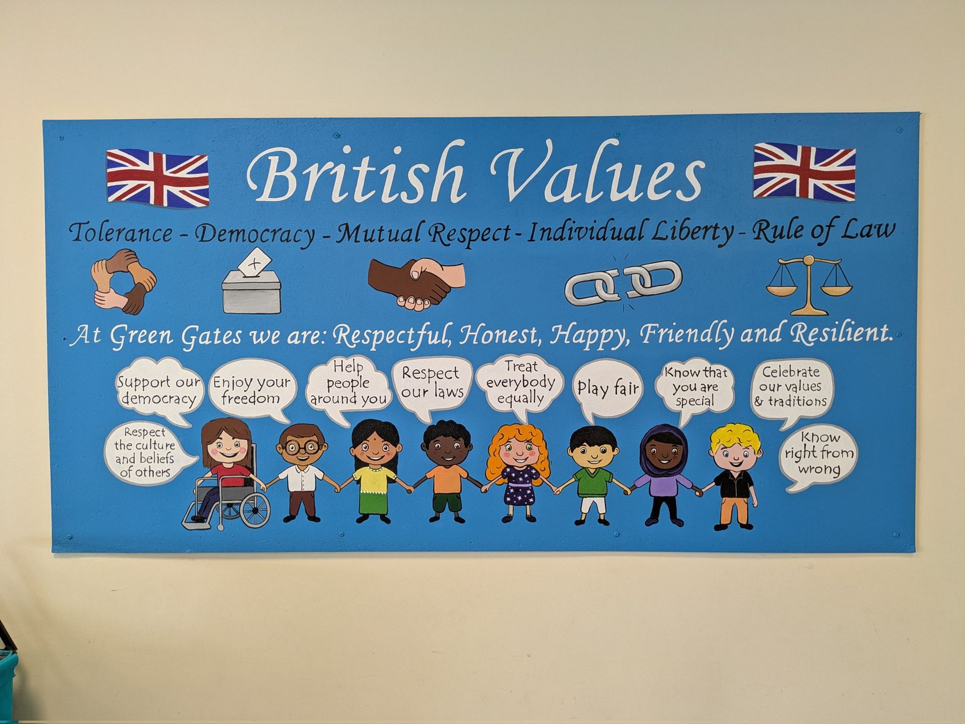 British values display board at Redcar's green gates primary school 