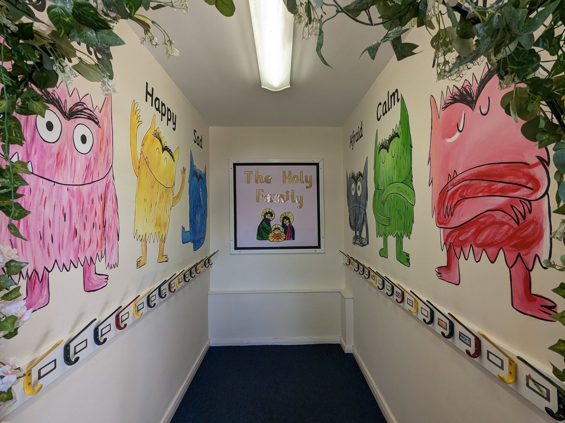 colour monsters primary school nursery cloakroom mural feelings happy sad calm 
