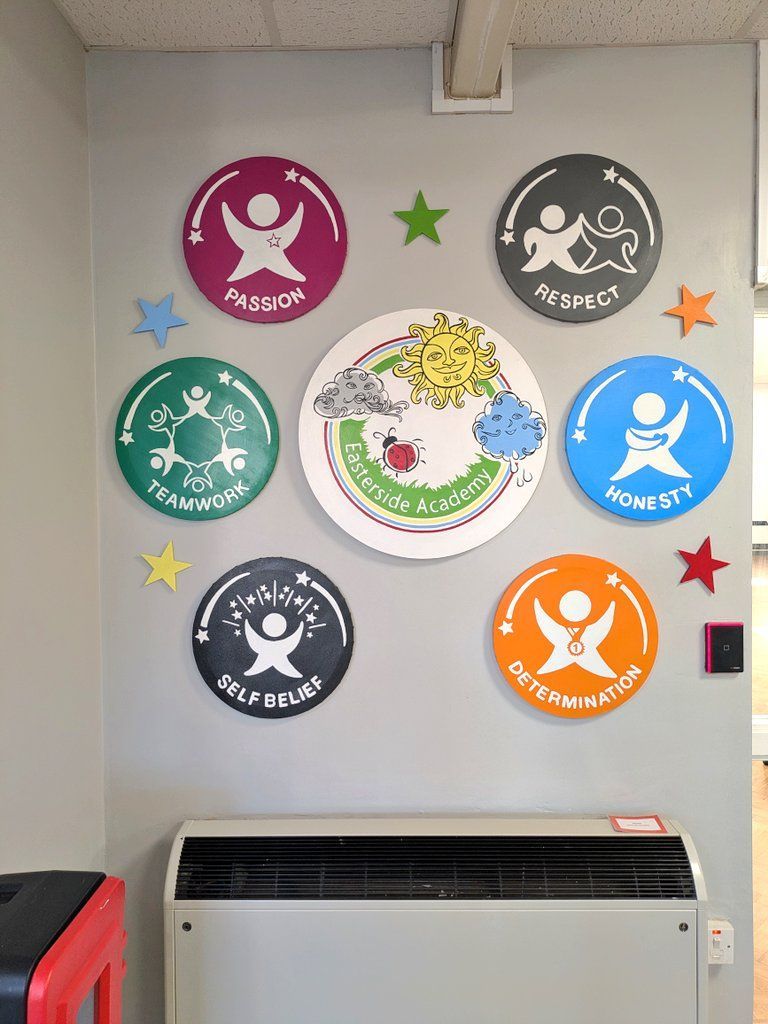 Easterside Academy values and logo on canvases