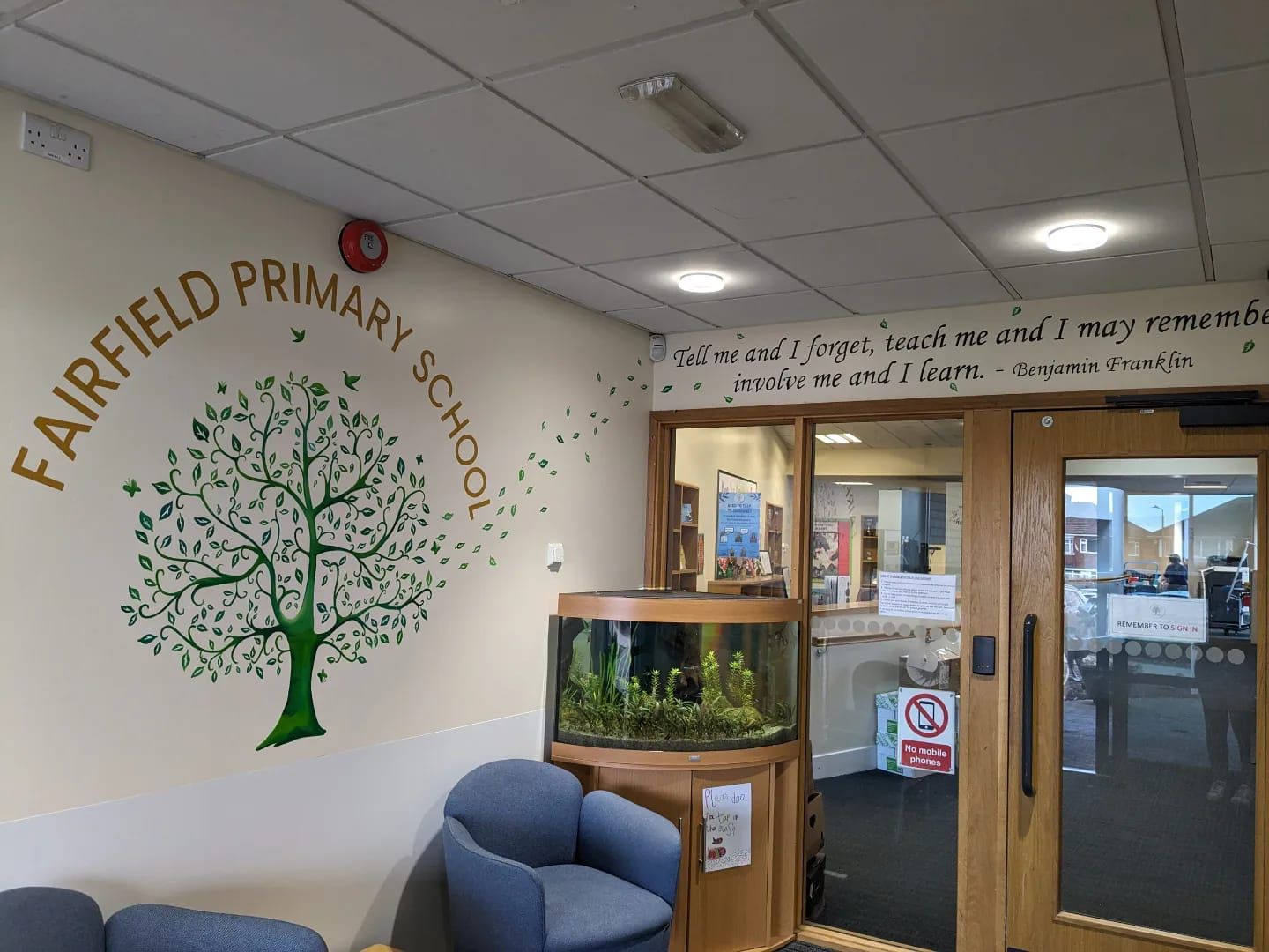 Fairfield Primary entrance logo mural and quote education welcome 