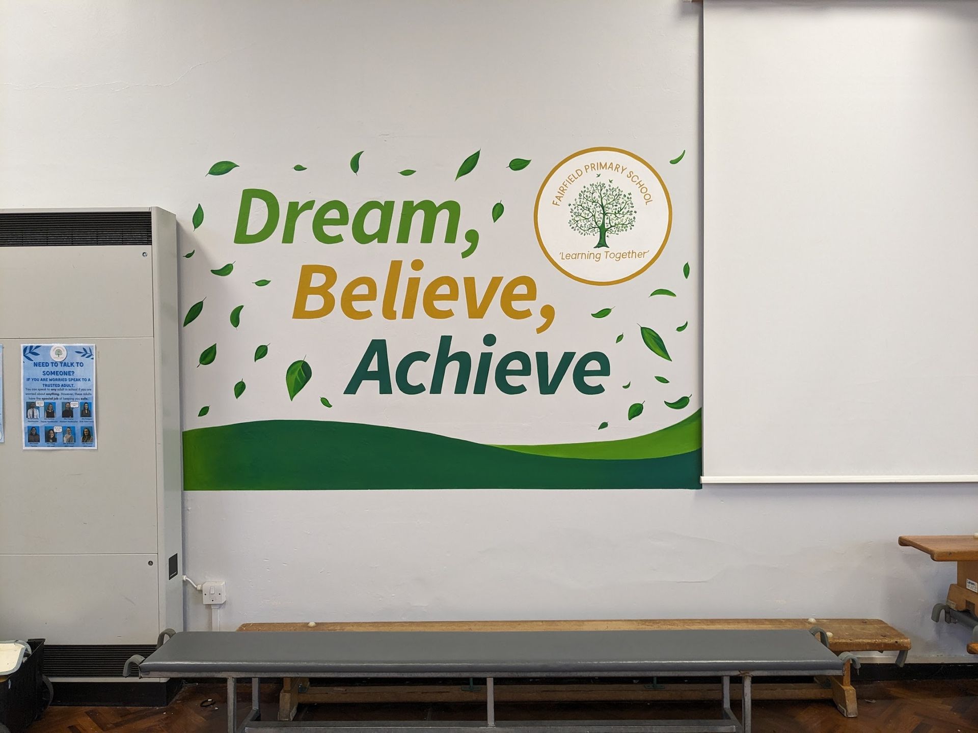 Fairfield primary school hall mural dream believe achieve logo education stockton teesside north east 