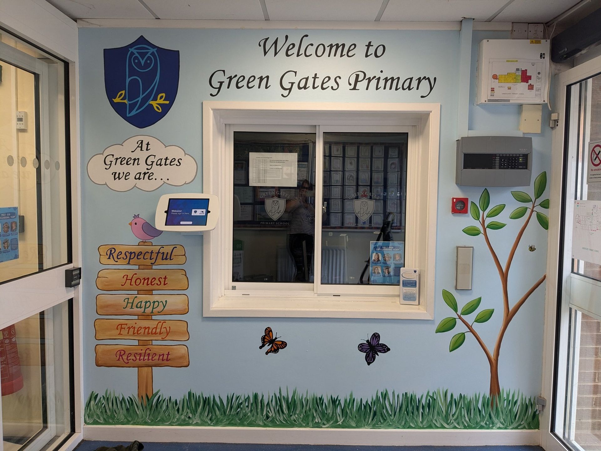 Green gates primary entrance mural redcar bright colourful welcoming welcome values logo