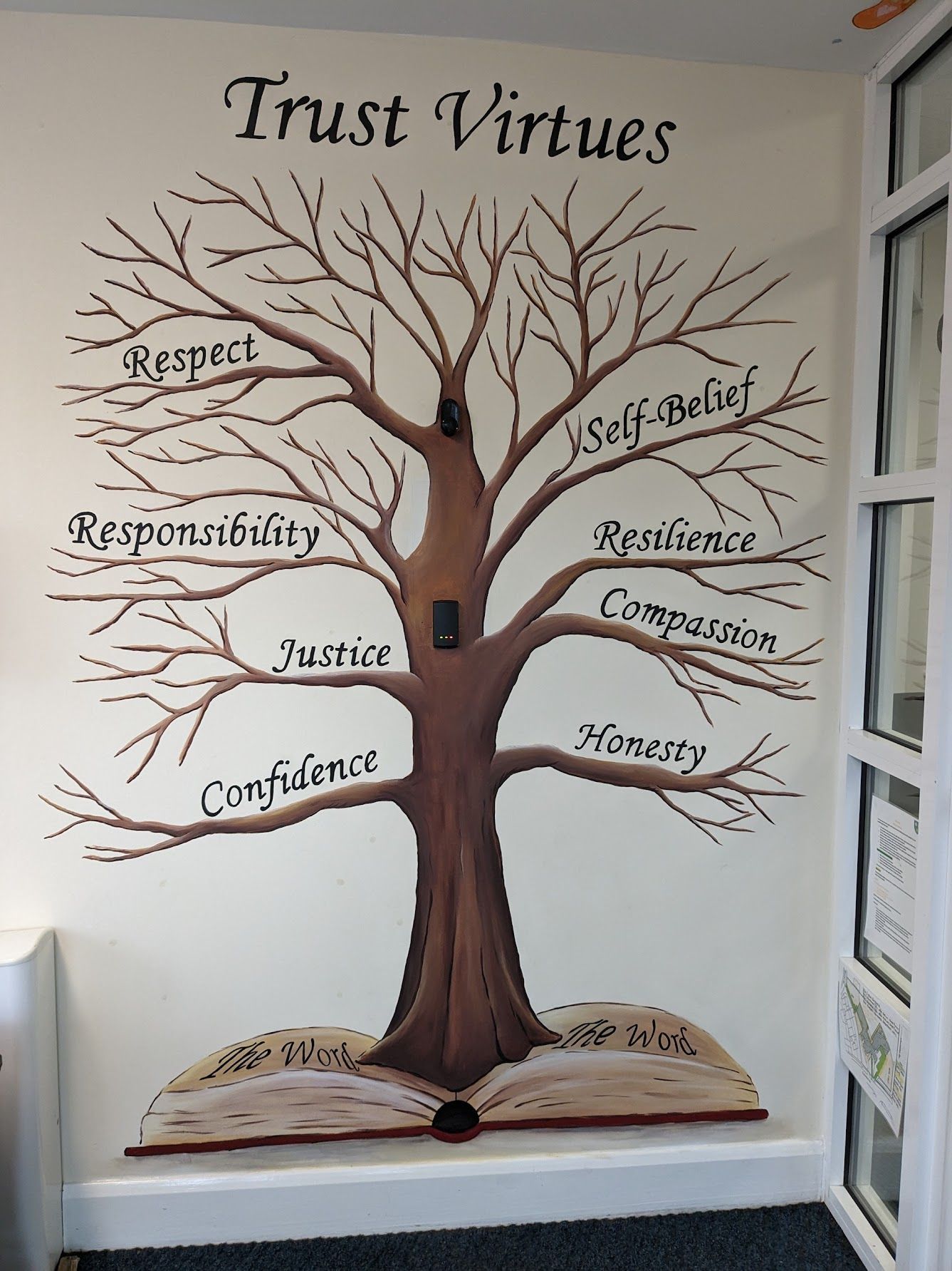 Trust virtues tree mural at primary school in Billingham education reception entrance welcome
