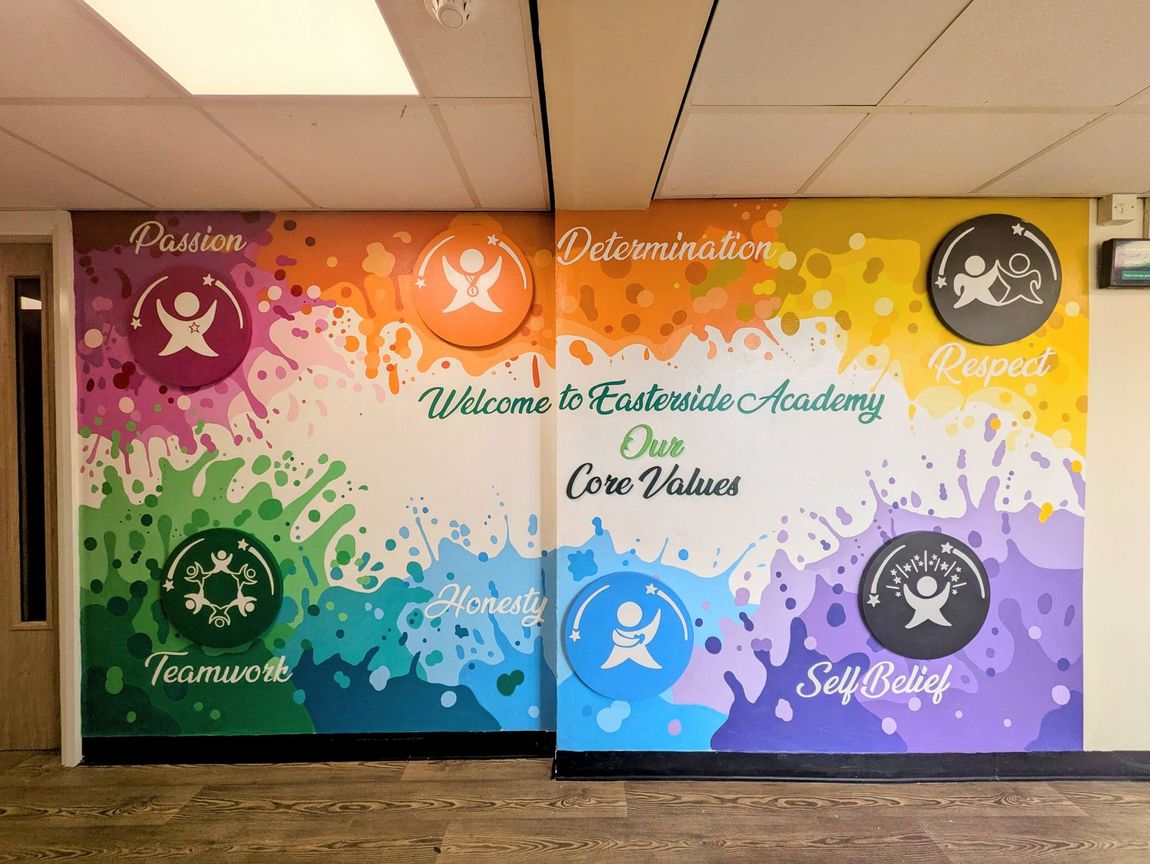 Easterside academy core values mural vibrant paint splashes part 3d with round canvases 
