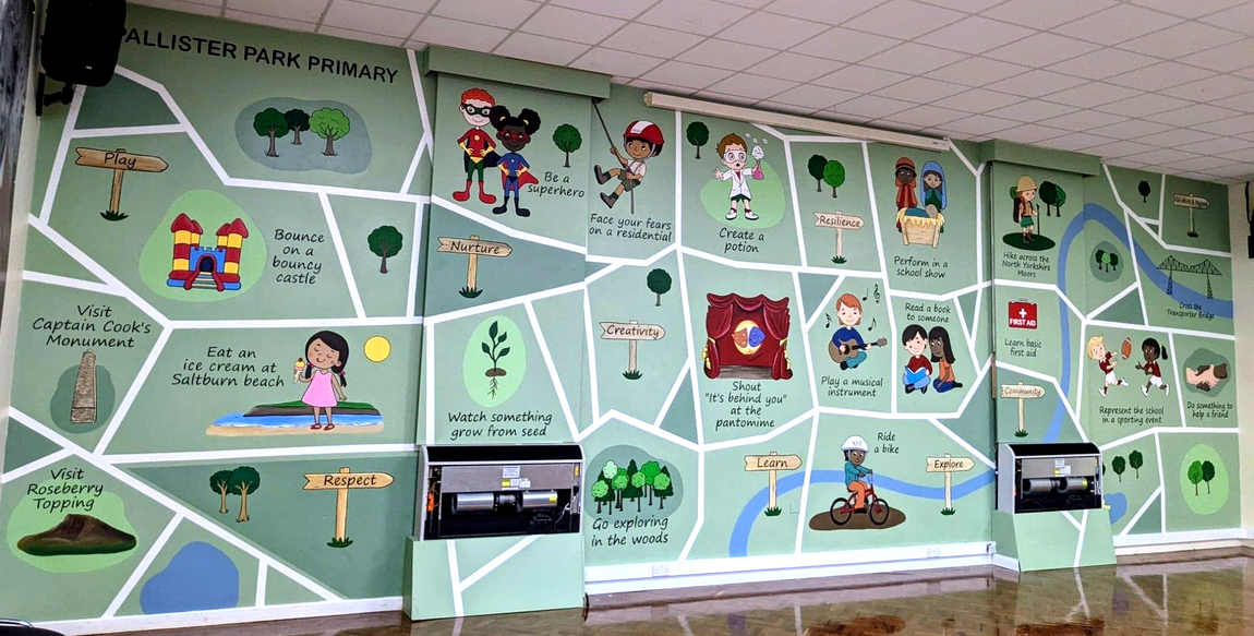 Pallister park primary mural in the hall large map  mural with local landmarks
activities Hand painted Teesside north east 