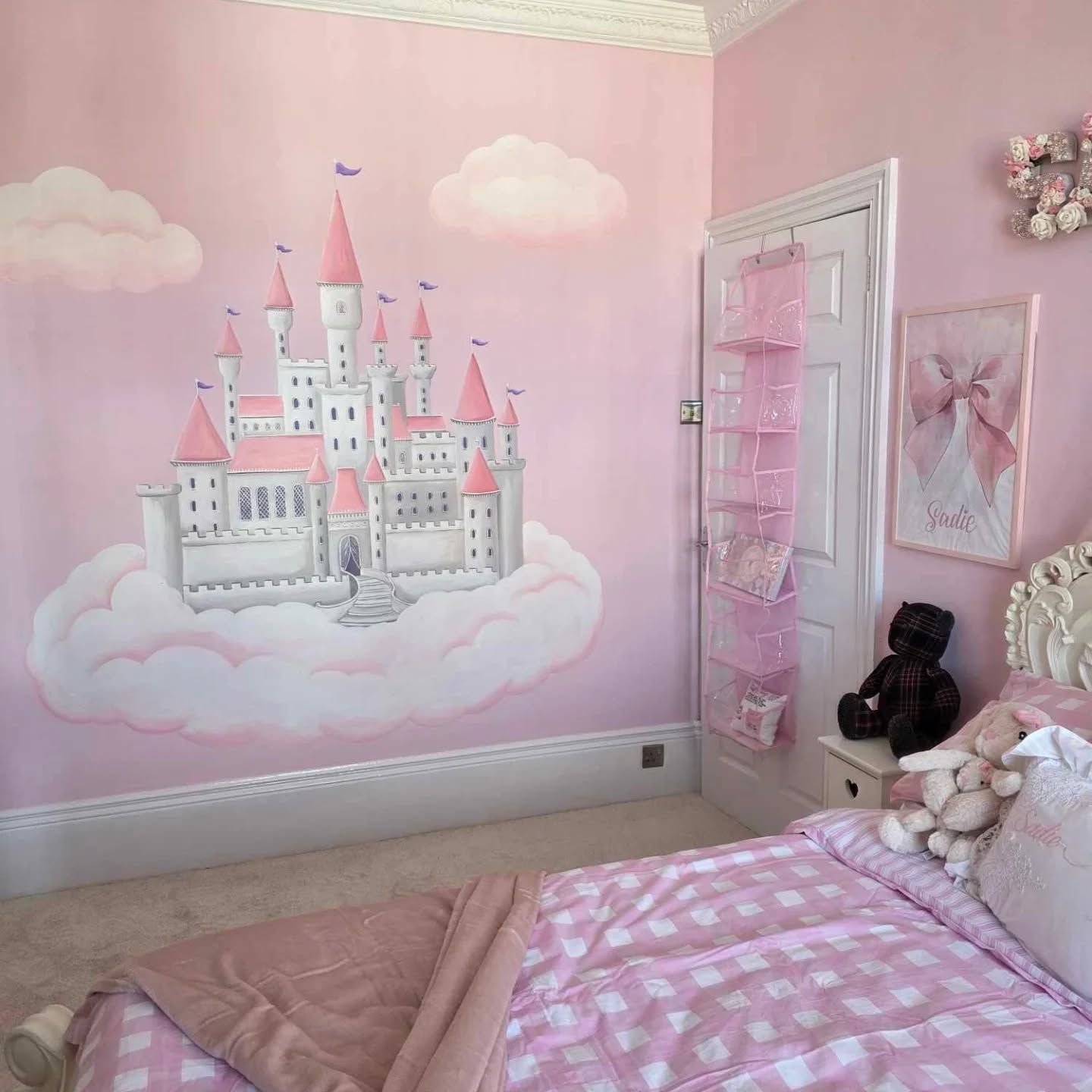 princess castle in the clouds girly pink mural 