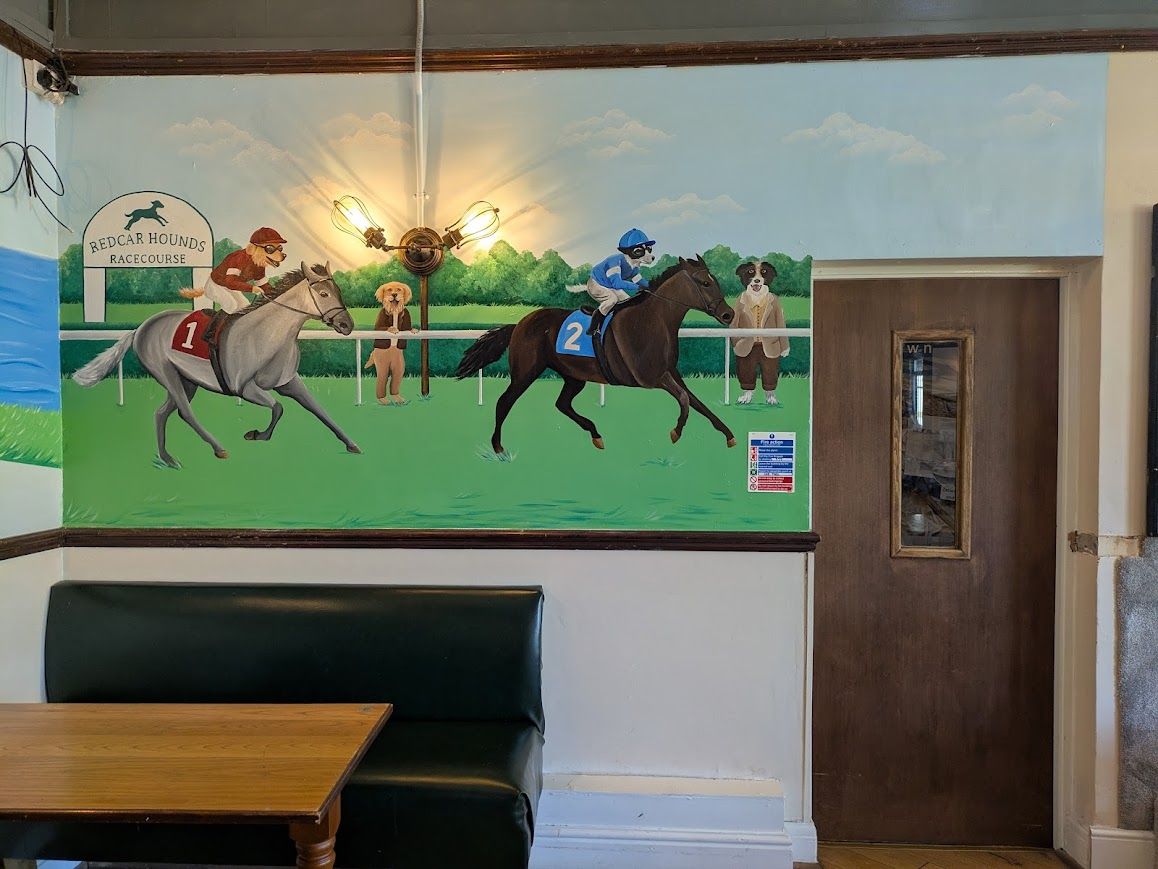 pub mural of dogs racing horses and dog spectators