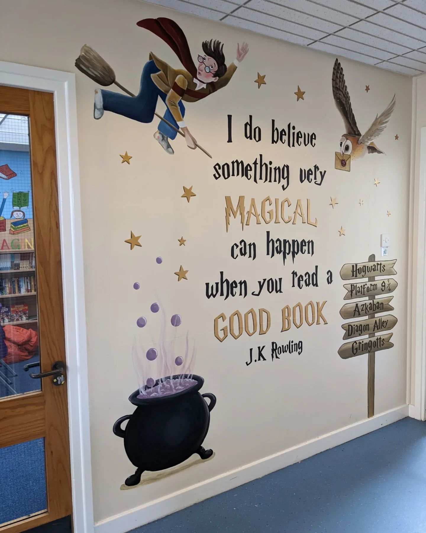 harry potter quote with images as a mural in a primary school 