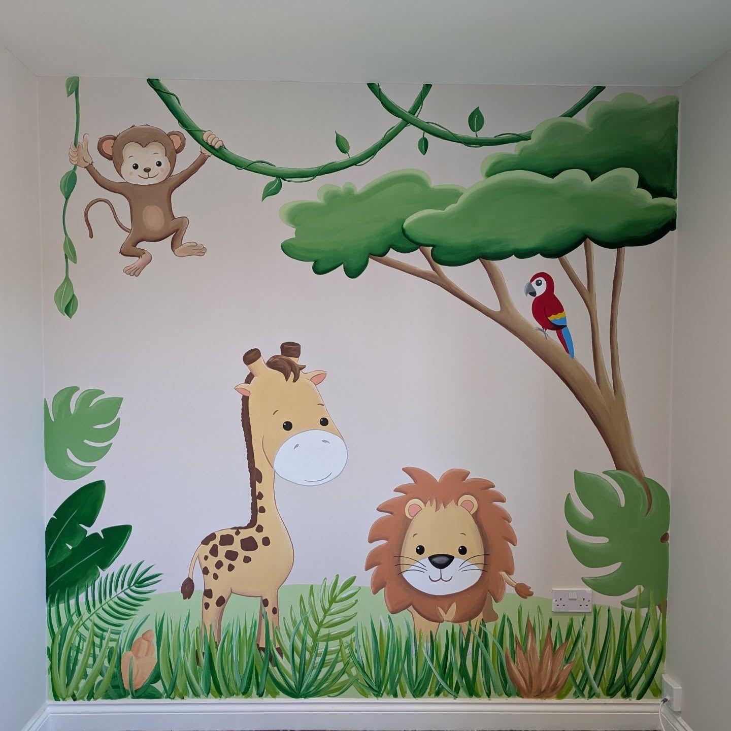 Nursery jungle mural with monkey and giraffe 
