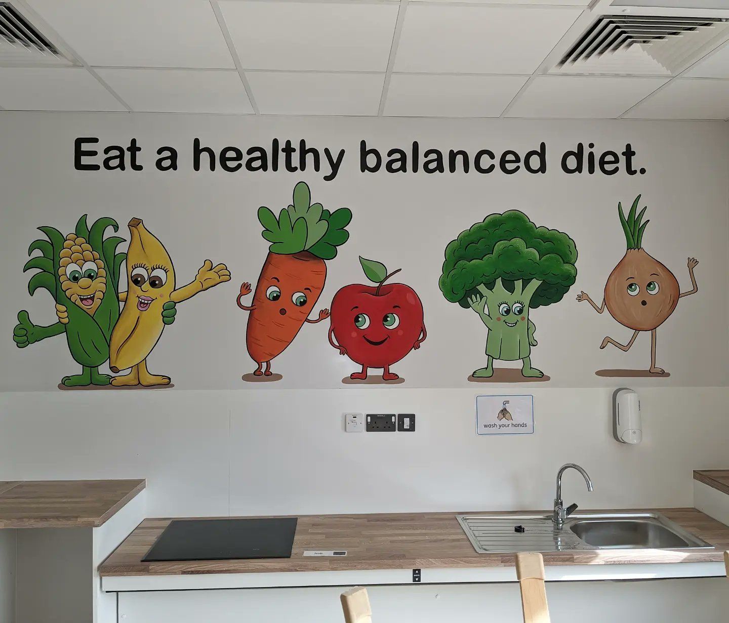 Eat a healthy balanced diet mural in discovery special academy kitchen cooking education SEN fruit vegetables 