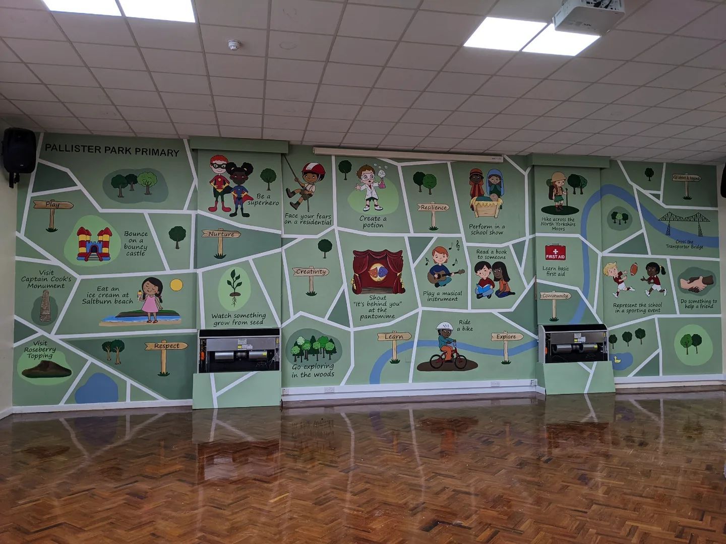 Hand painted primary school murals Stockton Teesside north east England UK