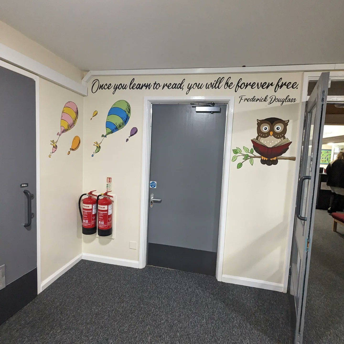 once you learn to read you will be forever free  owl quote inspirational education Pennyman Primary mural 