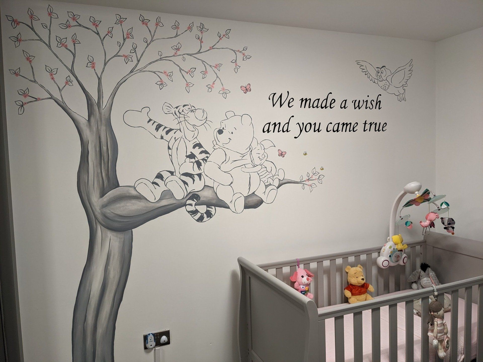 winnie the pooh nursery mural in grey tones we made a wish and you came true