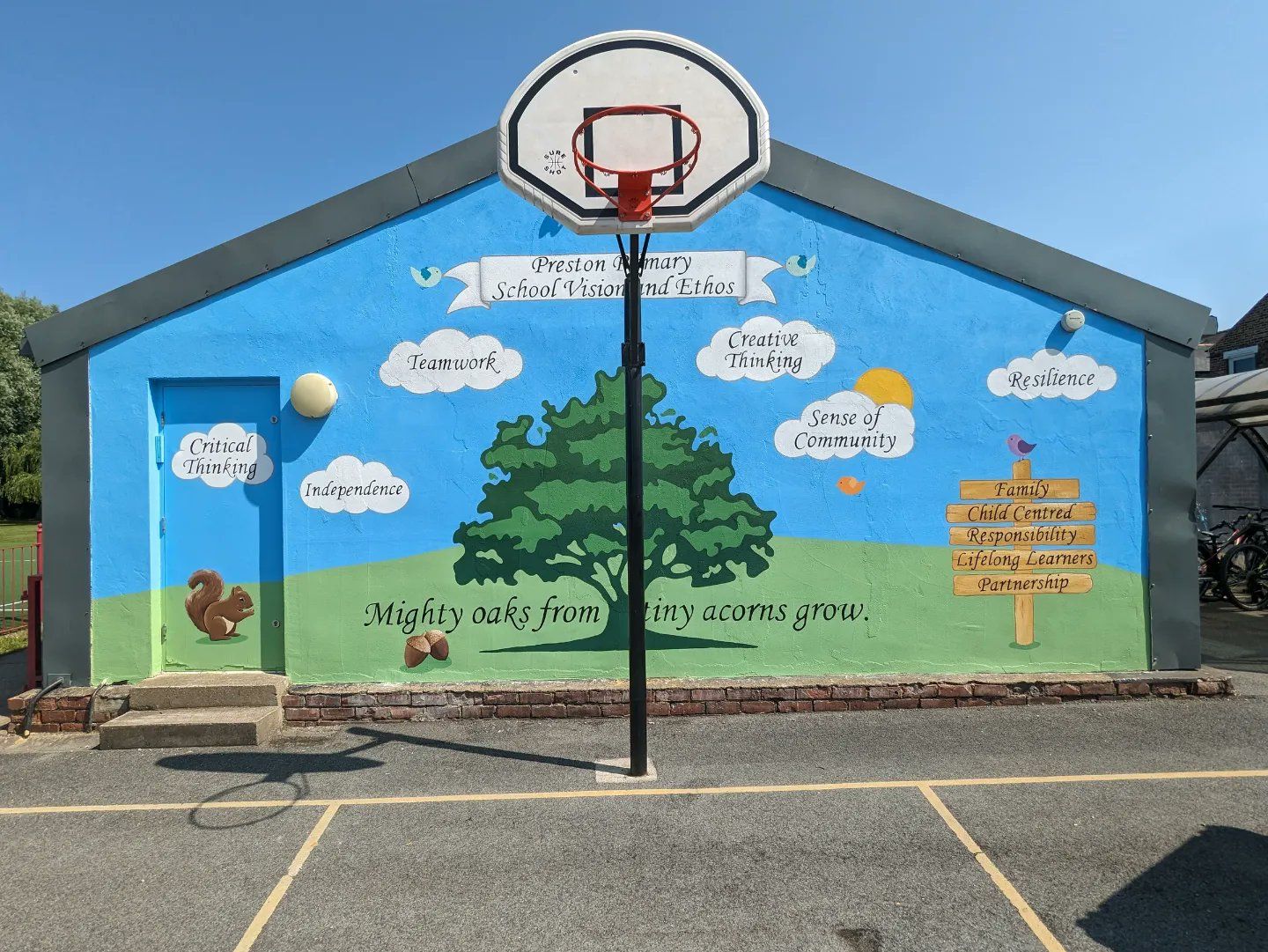 Preston Primary exterior mural with values and logo school education outdoor playground colourful scene 