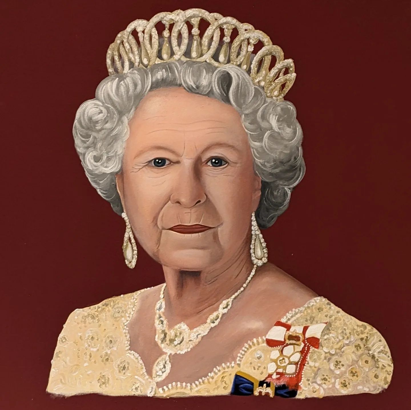 Queen Elizabeth II acrylic on canvas hand painted for Newcomen primary school in Redcar education portrait 
