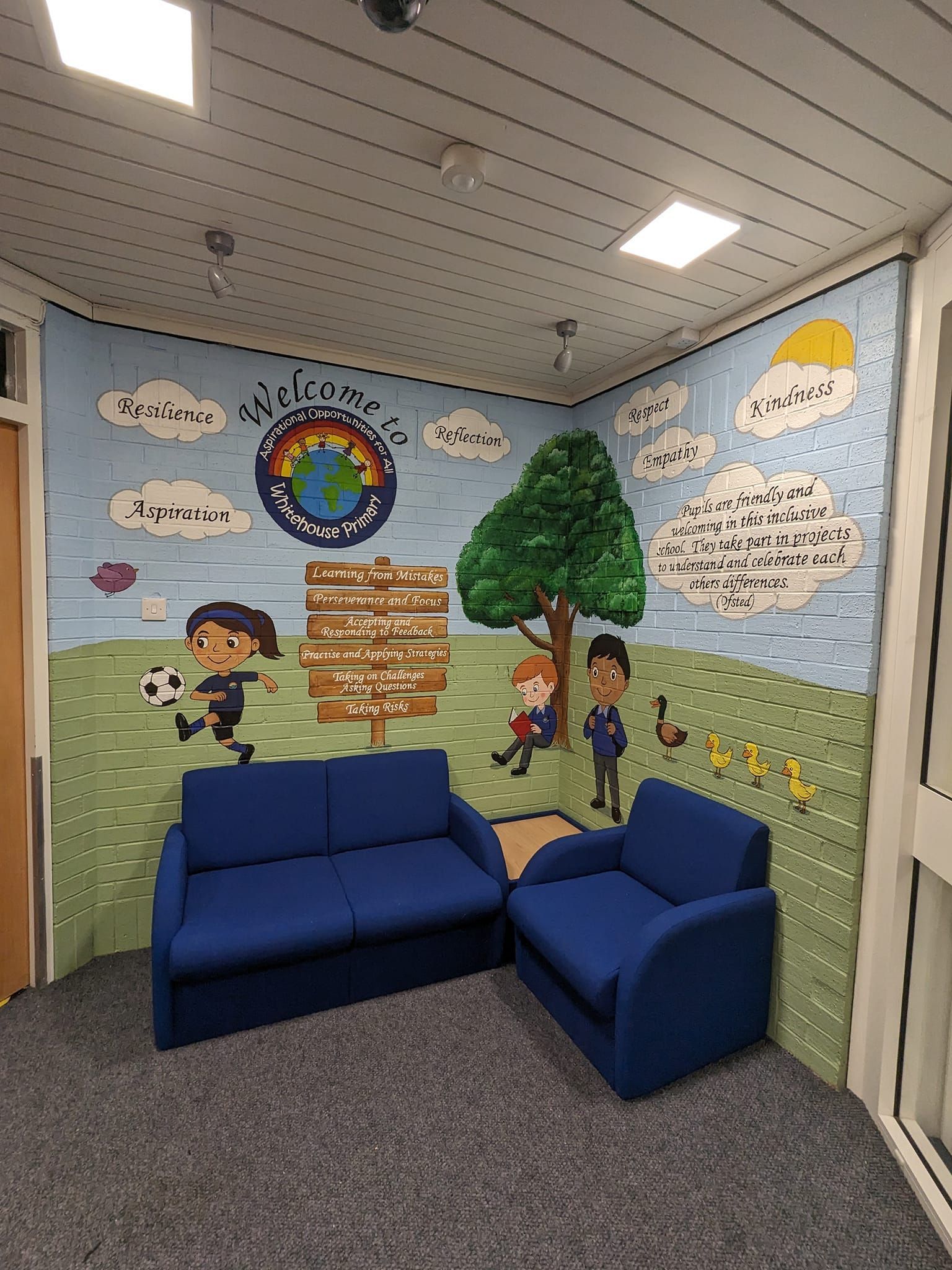 Whitehouse Primary entrance logo mural and quote education welcome values colourful welcoming
