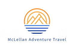 McLellan Adventure Travel logo with orange mountain and blue sunset stripes on white background