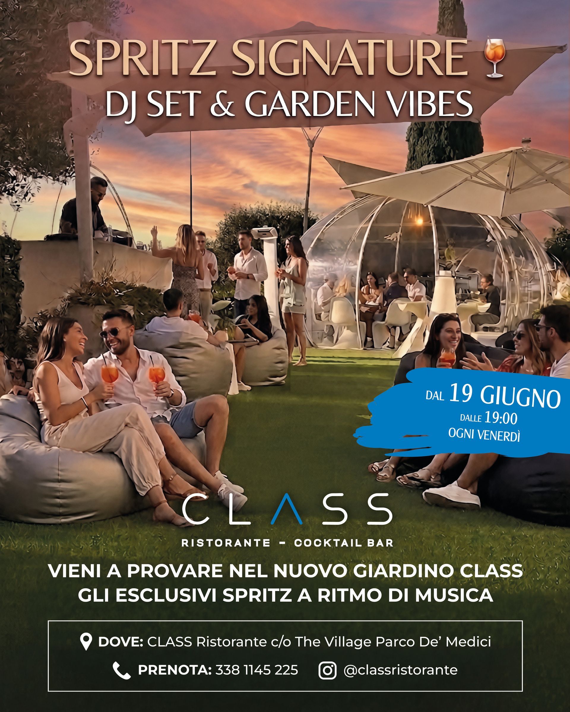 Spritz Signature al CLASS: DJ set nel nuovo giardino e cocktail esclusivi per una serata all'aperto tra gusto e musica.