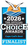 2025 Community’s Choice Awards finalist badge with seagull, waves, and “Cape Cod’s Best” text