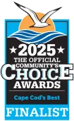 2025 Community’s Choice Awards finalist badge with seagull, waves, and “Cape Cod’s Best” text