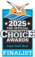 2025 Community’s Choice Awards finalist badge with seagull, waves, and “Cape Cod’s Best” text
