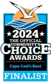 2024 Community’s Choice Awards finalist badge with white, orange, blue and black design, “Cape Cod’s Best” text