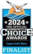 2024 Community’s Choice Awards finalist badge with white, orange, blue and black design, “Cape Cod’s Best” text