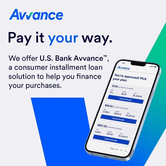 Avvance ad with phone showing installment loan app and text “Pay it your way” on blue and green background