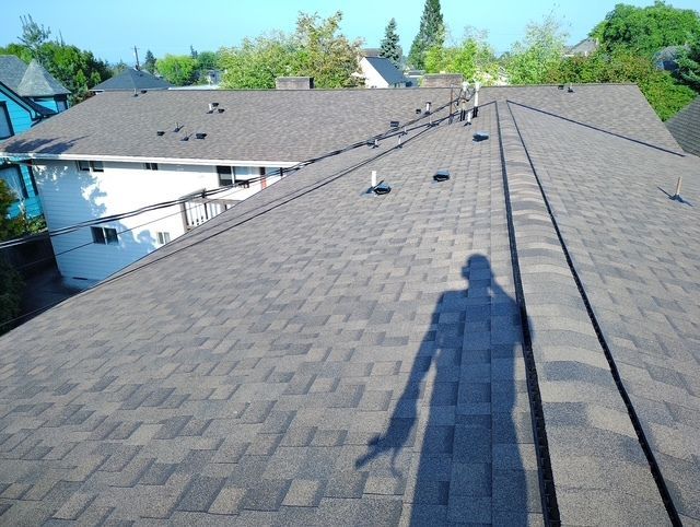 Rooftop with gray shingles, vents, and a person’s shadow in bright sunlight