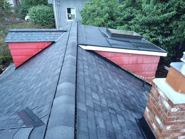 Rooftop with dark gray shingles, red dormers, and a central ridge against green trees.