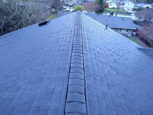 Roof ridge with dark shingles on a house, viewed from above with neighboring homes in the background