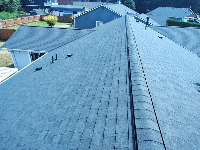 Roof with gray shingles and several vents, viewed from above in a residential neighborhood.