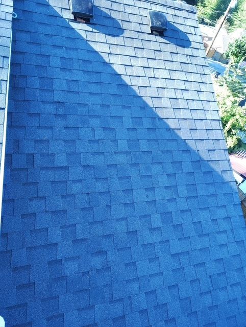Blue shingled house roof with two skylights in bright sunlight