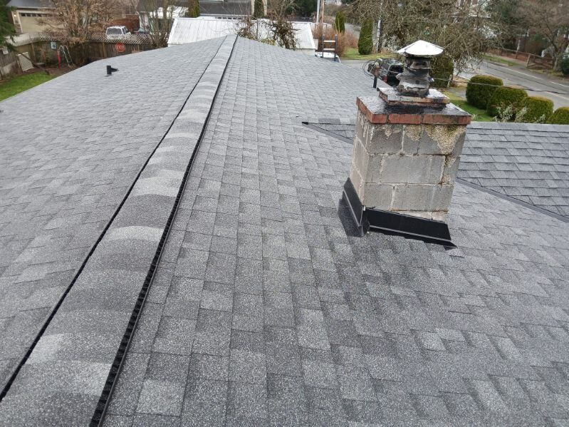 Gray shingled roof with a chimney and vent, viewed from above on an overcast day