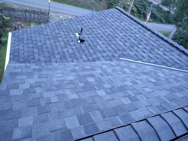 Shingled roof viewed from above, with a small vent pipe and neighboring roofs in the background.