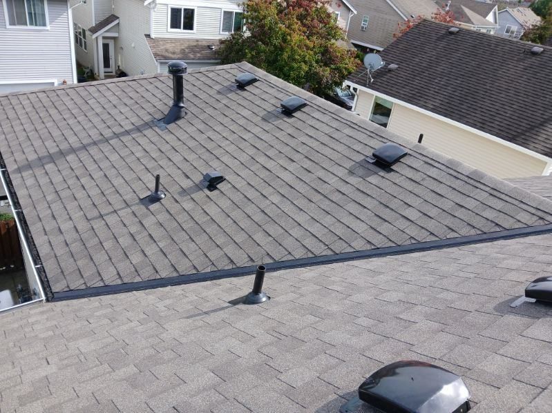 Flat gray shingle roofs on residential houses with black vent pipes, viewed from above