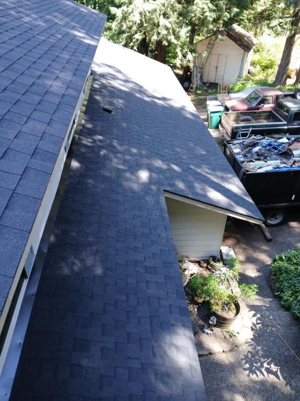 Slate roof with dormer and solar panels on a house, viewed from above near a yard and trees