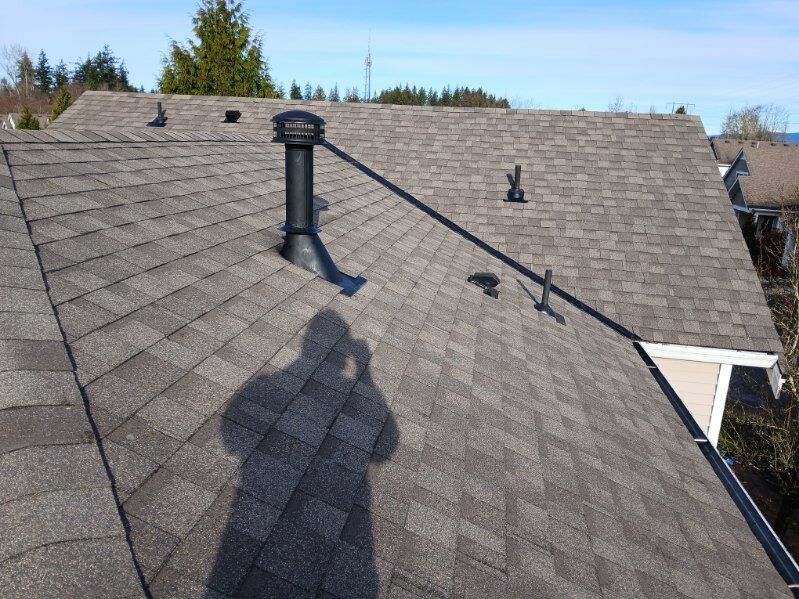 Rooftop with gray shingles, a vent pipe, and a shadow of a person holding a camera.