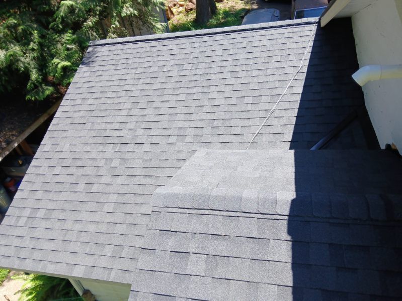 Gray shingled roof with a lighter patch near the ridge, viewed from above, with trees at the edge.