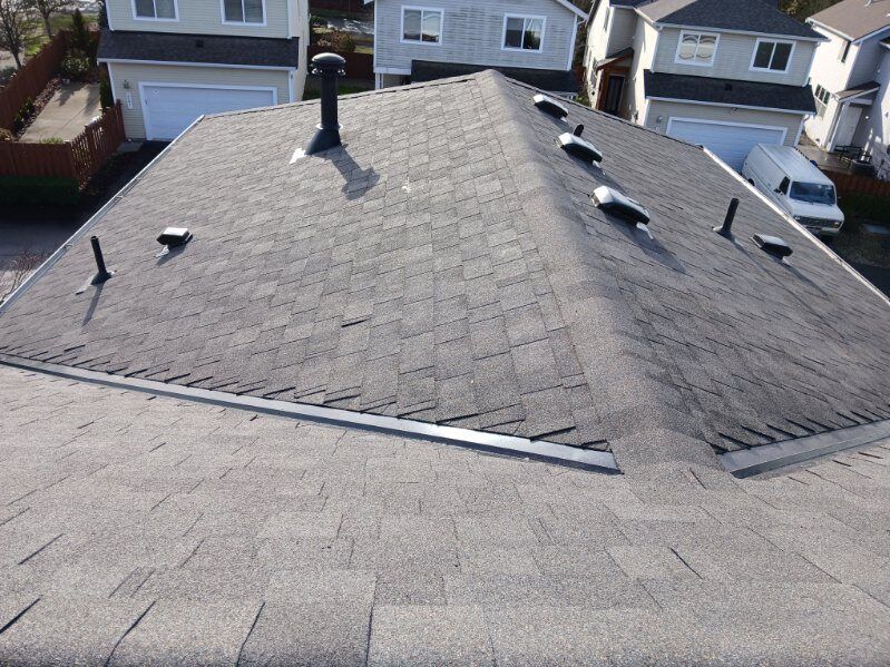 Rooftop with gray shingles and several vents, viewed from above in a residential neighborhood.