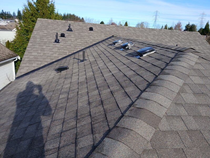 Roof with shingles, vents, and a skylight under bright daylight, viewed from above.