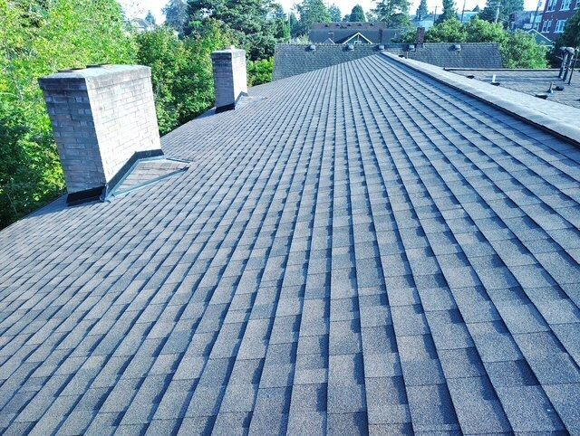 Long gray shingled roof with white chimneys and trees in the distance