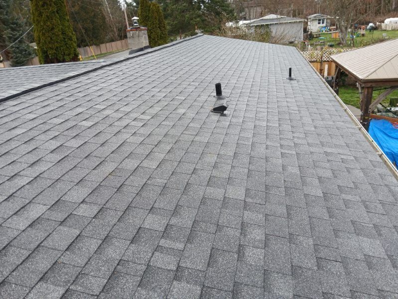 Gray shingled roof with vents, viewed from above in a residential area