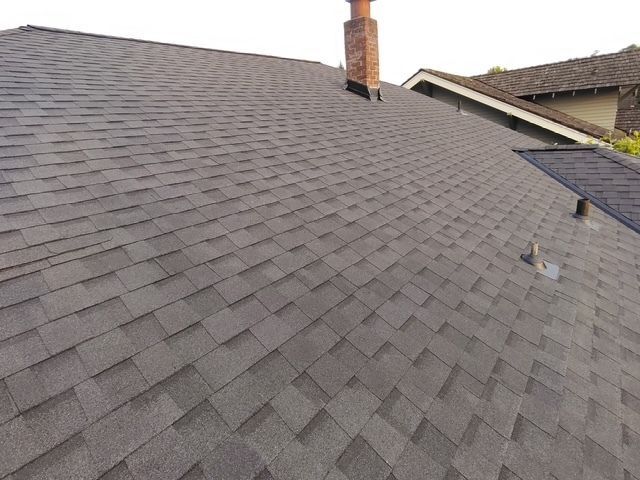 Gray shingled roof with a brick chimney and neighboring rooftops under overcast light